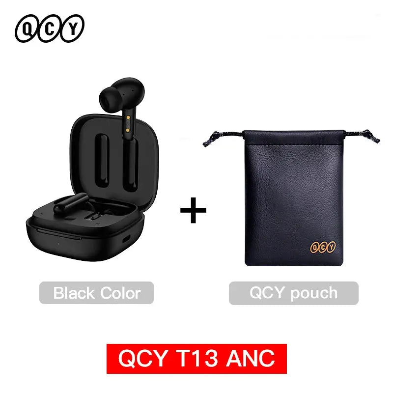 QCY T13 ANC wireless earphones with charging case, black, includes QCY pouch (2-piece set)