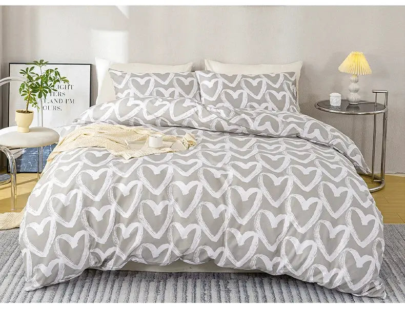 Heart print duvet cover set, blue and gray, 1 duvet cover + 2 pillowcases; soft, skin-friendly bedding