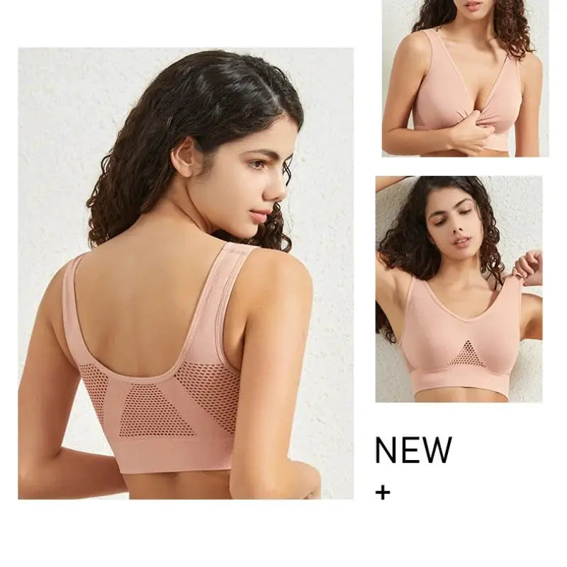 Simples Market women's plus-size breathable mesh sports bra, ribbed seamless nude-pink with back mesh panels.