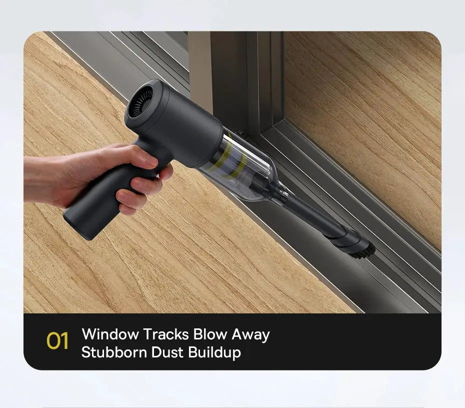 Baseus cordless handheld car vacuum cleaner, black, cleaning dust from window tracks.