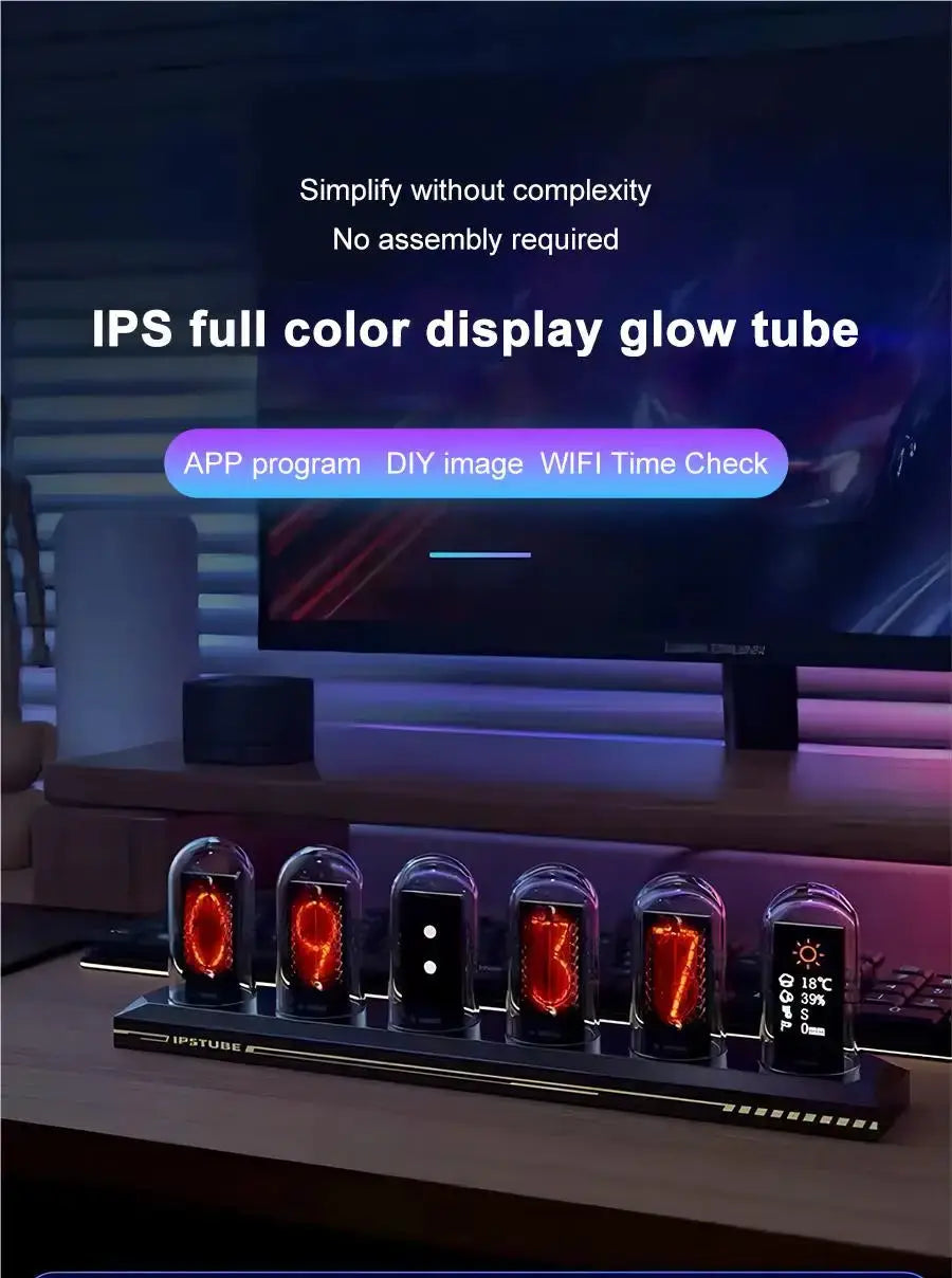 RGB Nixie Tube Clock with six glass tubes displaying red-orange digits on an IPS Tube base
