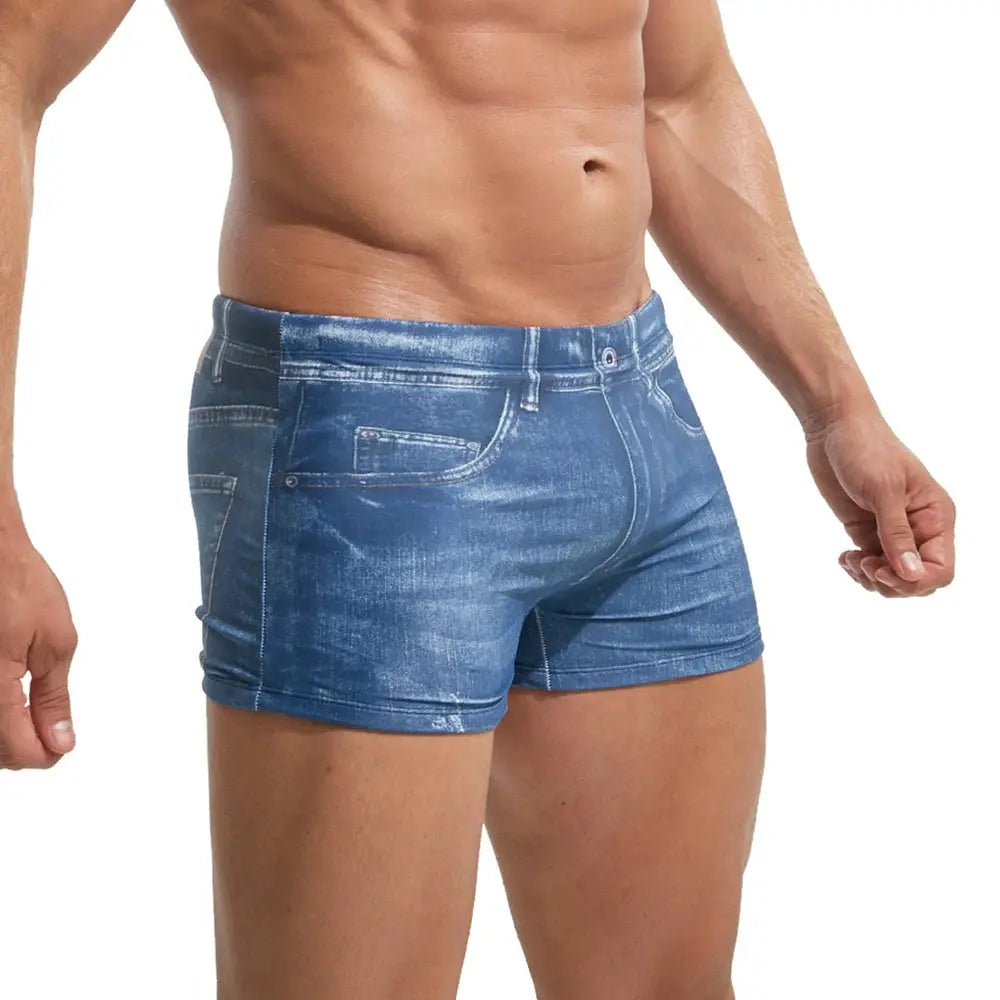2XL men's blue denim-print board shorts, breathable swim trunks by Simples Market.