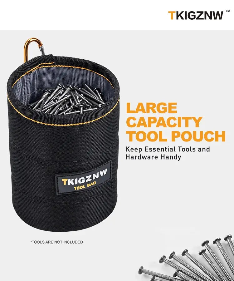 TKIGZNW black tool pouch with belt clip, cylindrical fabric bag filled with nails
