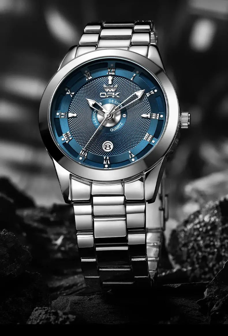 Men's stainless steel watch by Simples Market, blue dial with date window.