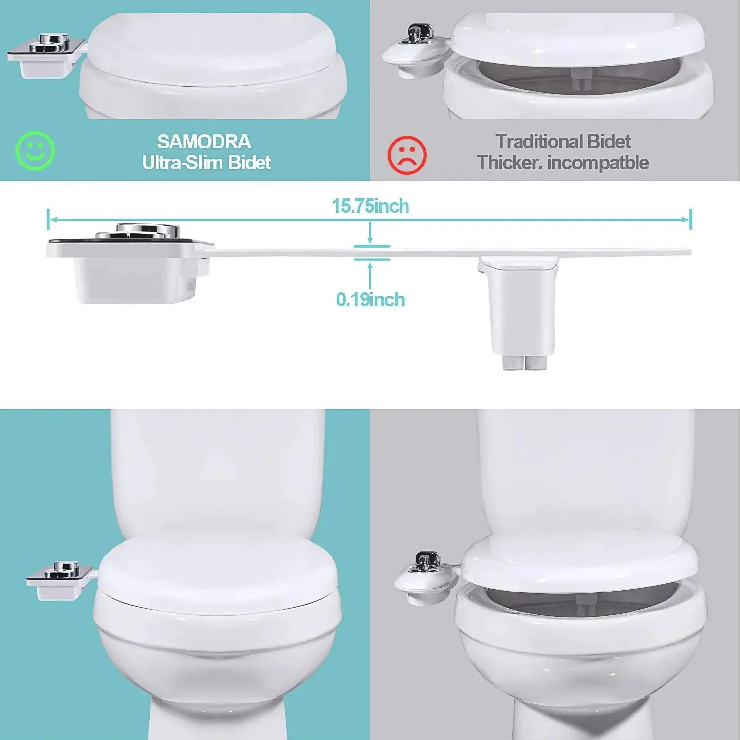 SAMODRA bidet attachment by Simples Market; ultra-slim, non-electric cold-water toilet seat with pressure controls