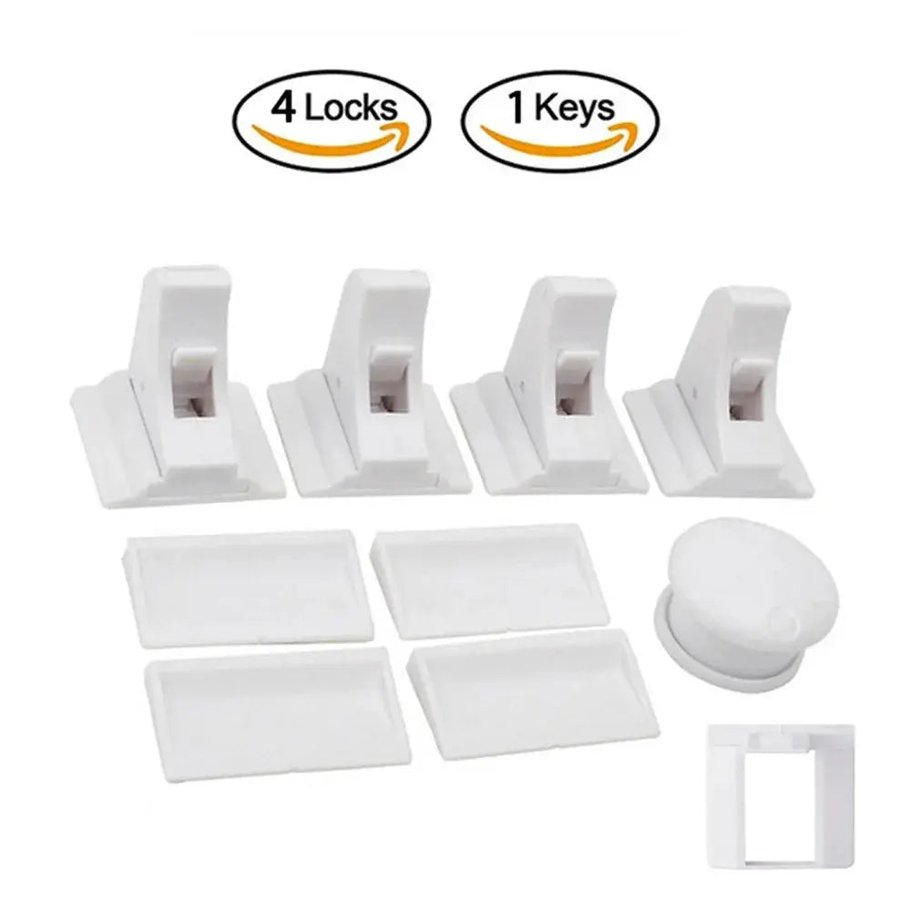Simples Market baby safety lock set: 4 white magnetic cabinet/drawer latches with 1 key and adhesive plates