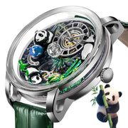 Men's panda-themed mechanical watch with rotating crystal ball, silver case, green strap, 45.5mm Simples Market M2791B
