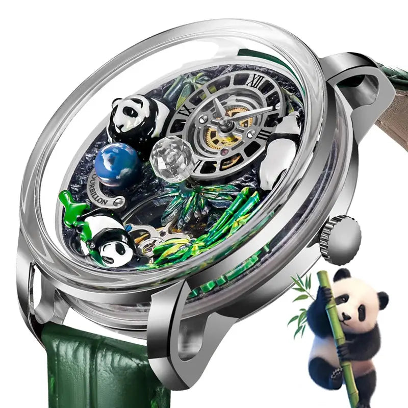 Men's panda-themed mechanical watch with rotating crystal ball, silver case, green strap, 45.5mm Simples Market M2791B