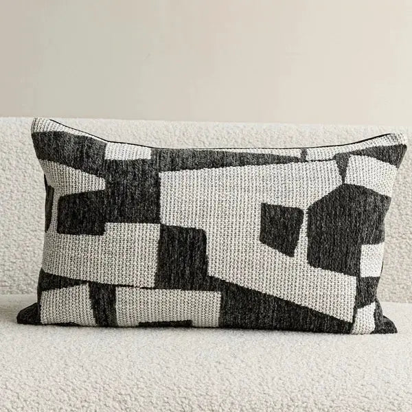 Decorative rectangular pillow cover in ivory and black geometric pattern for sofa or chair