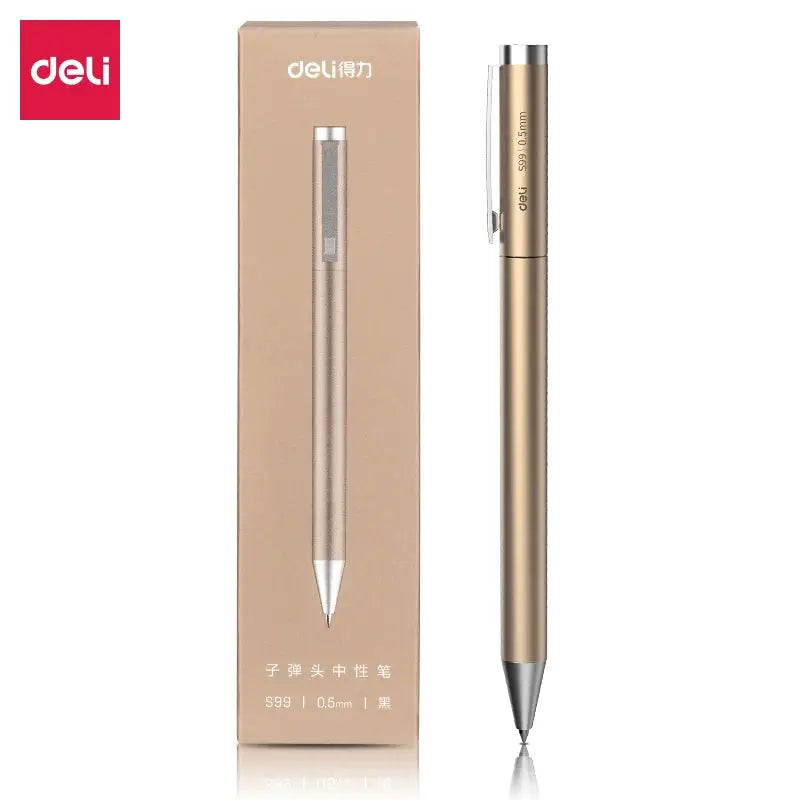DELI metal sign pen 0.5mm gel ink, gold-silver metallic finish; pen shown with its packaging box