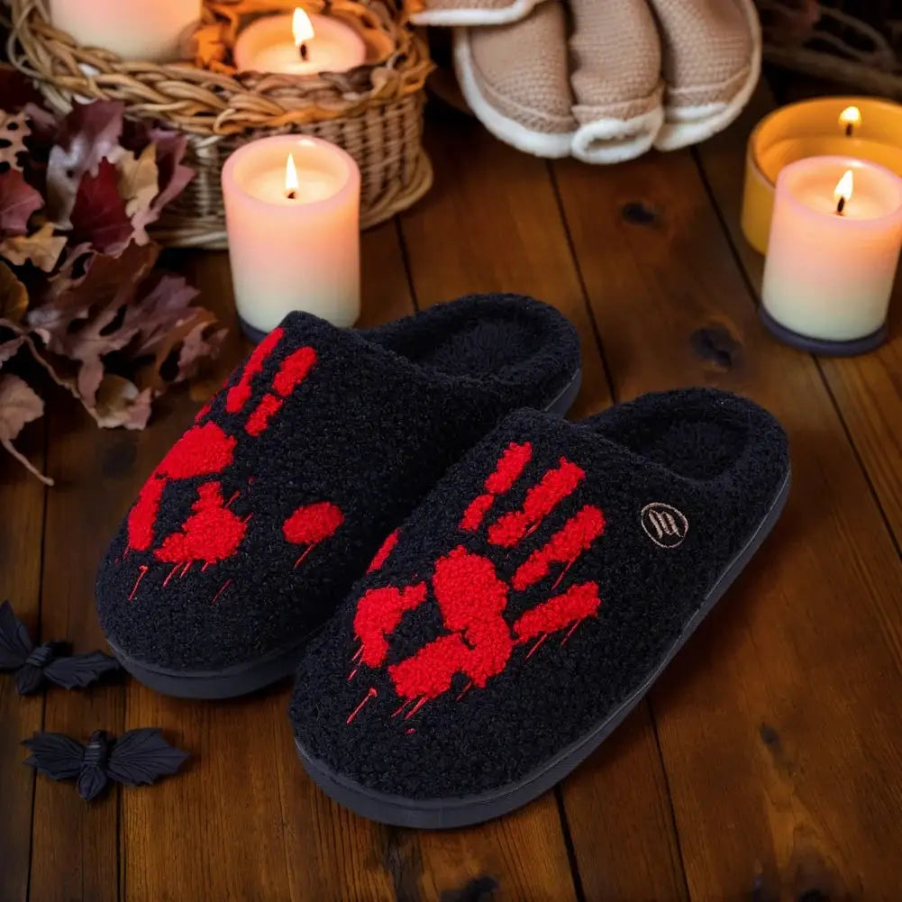 Simples Market Halloween palm plush slippers; black fuzzy slip-ons with red palm print.