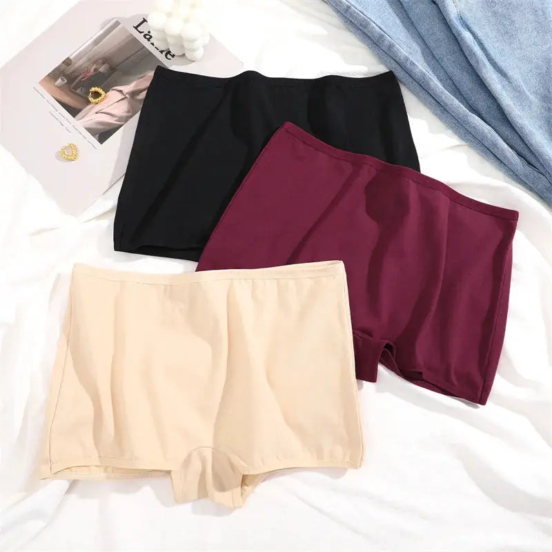Women's cotton seamless boxer briefs set; black, burgundy, and beige, 3-pack