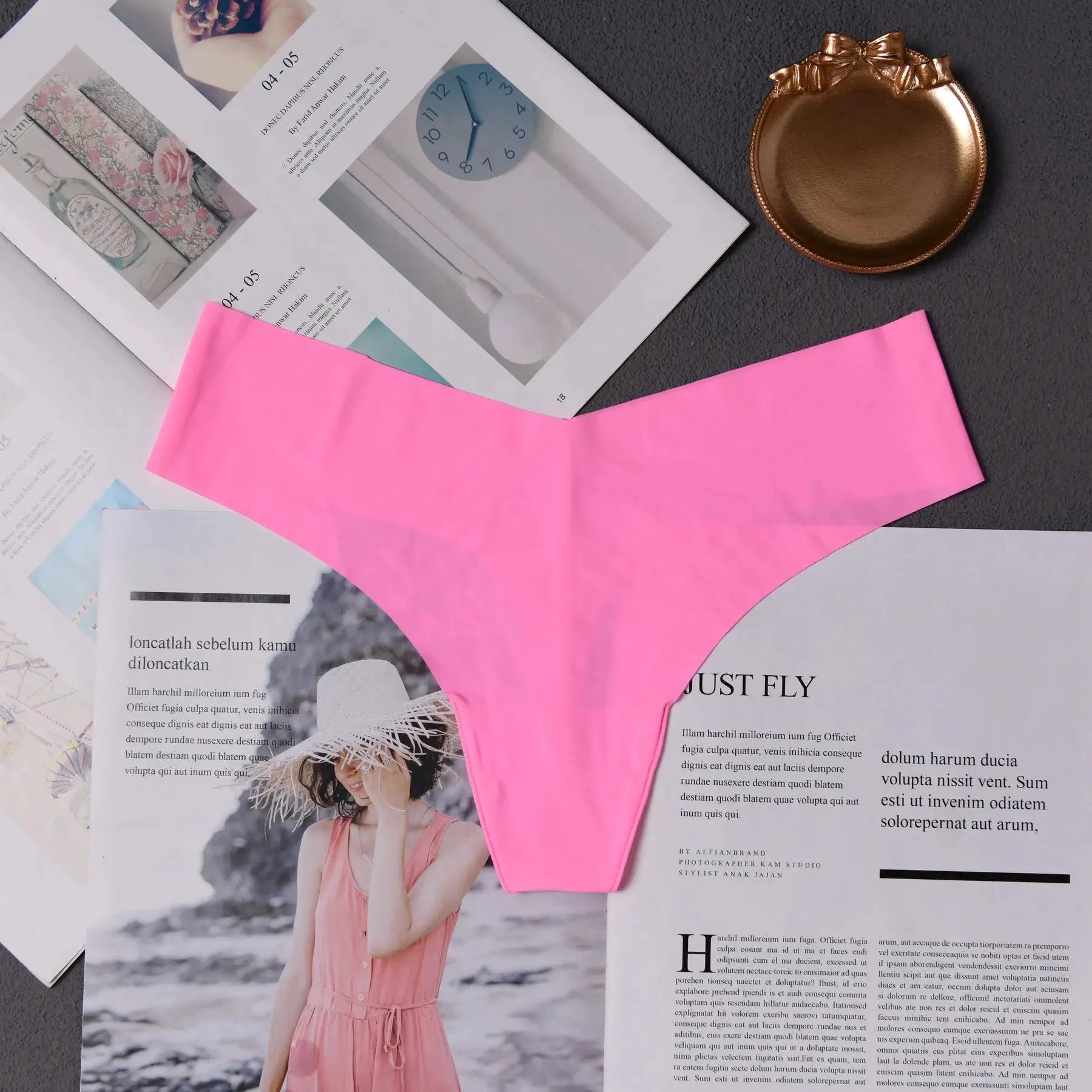 Women's pink ruffle thong underwear, seamless design