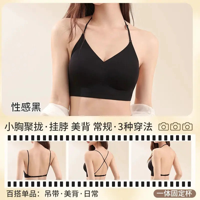 Black backless halter bralette with cross-back straps, seamless, no underwire