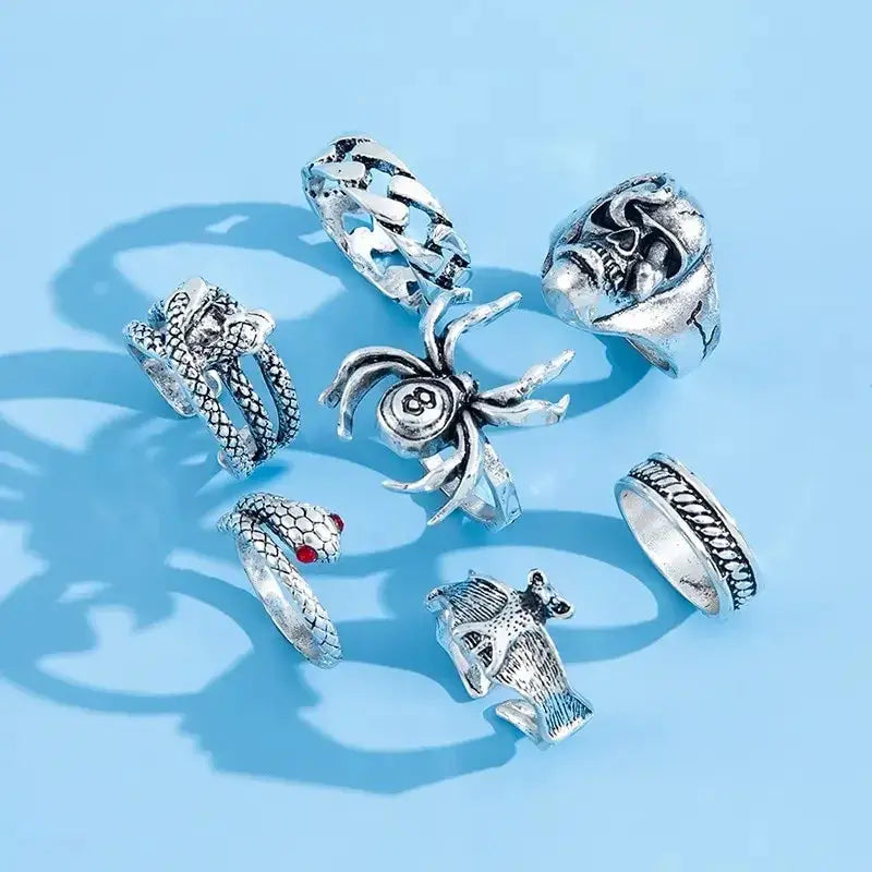 Punk Gothic Skeleton Ring Set Unisex Jewelry Grunge Butterfly Frog Motifs Hip Hop Street Style Ring Gift 2024