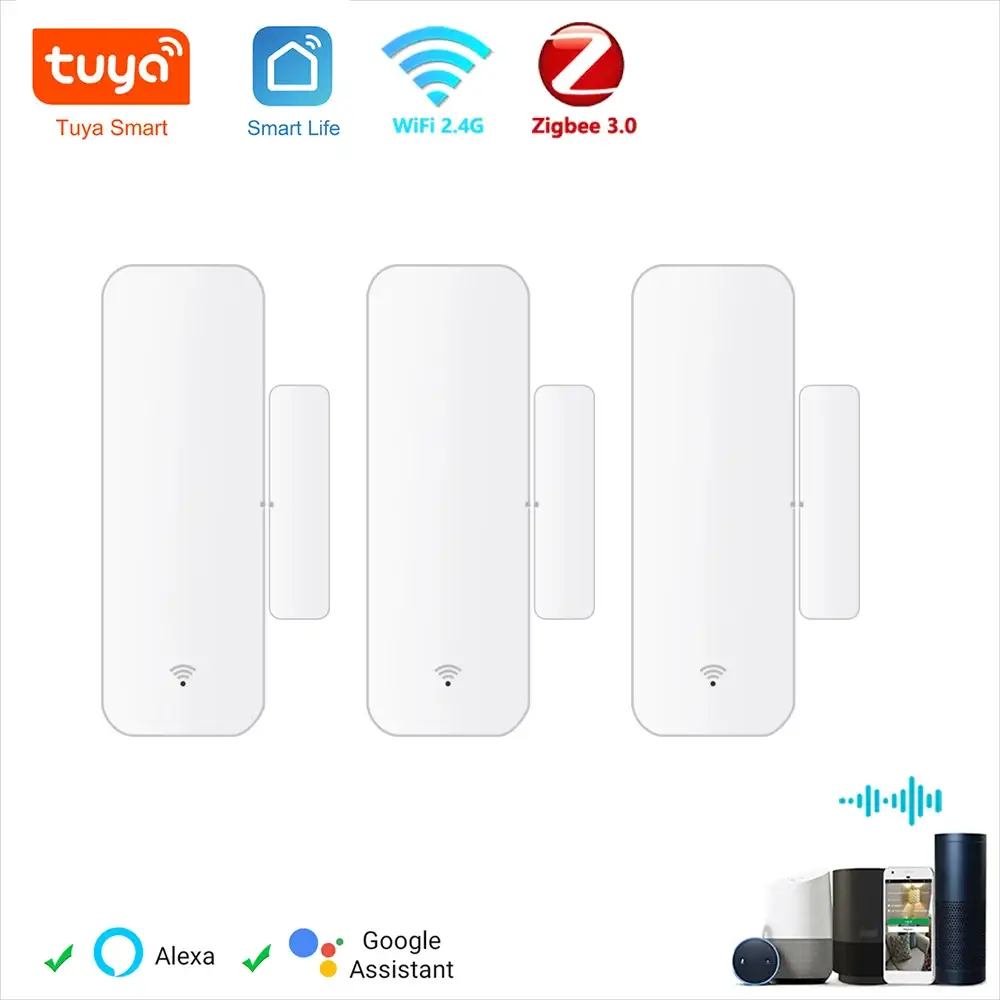 Tuya Zigbee white door sensor set 4pcs by Simples Market open/closed detectors; works with Alexa and Google Assistant