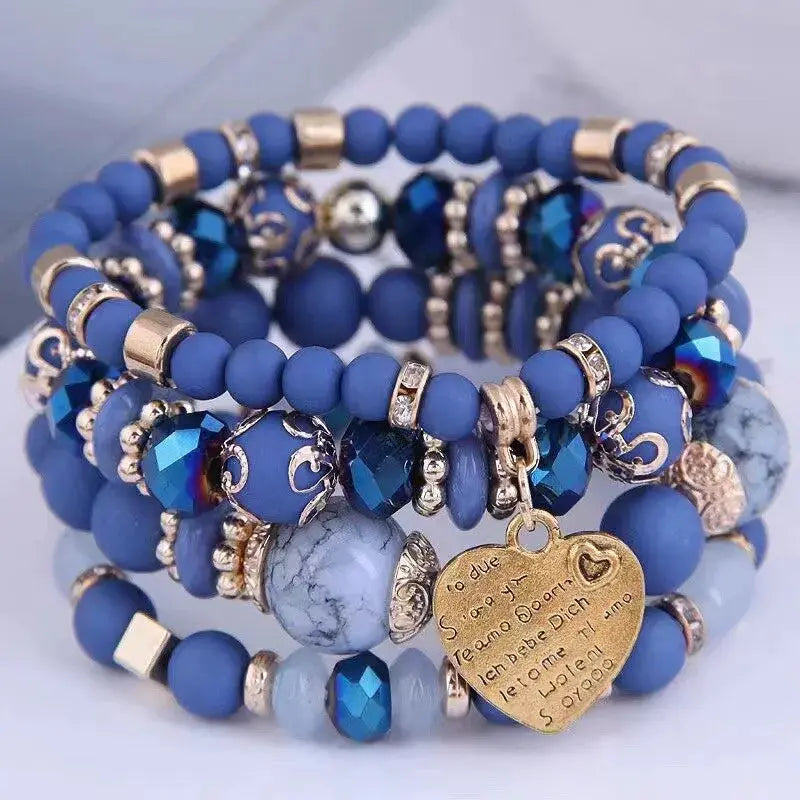 4 Piece Boho Strand Bracelet Set For Women With Crystal Beads Heart Charms And Letter Accents