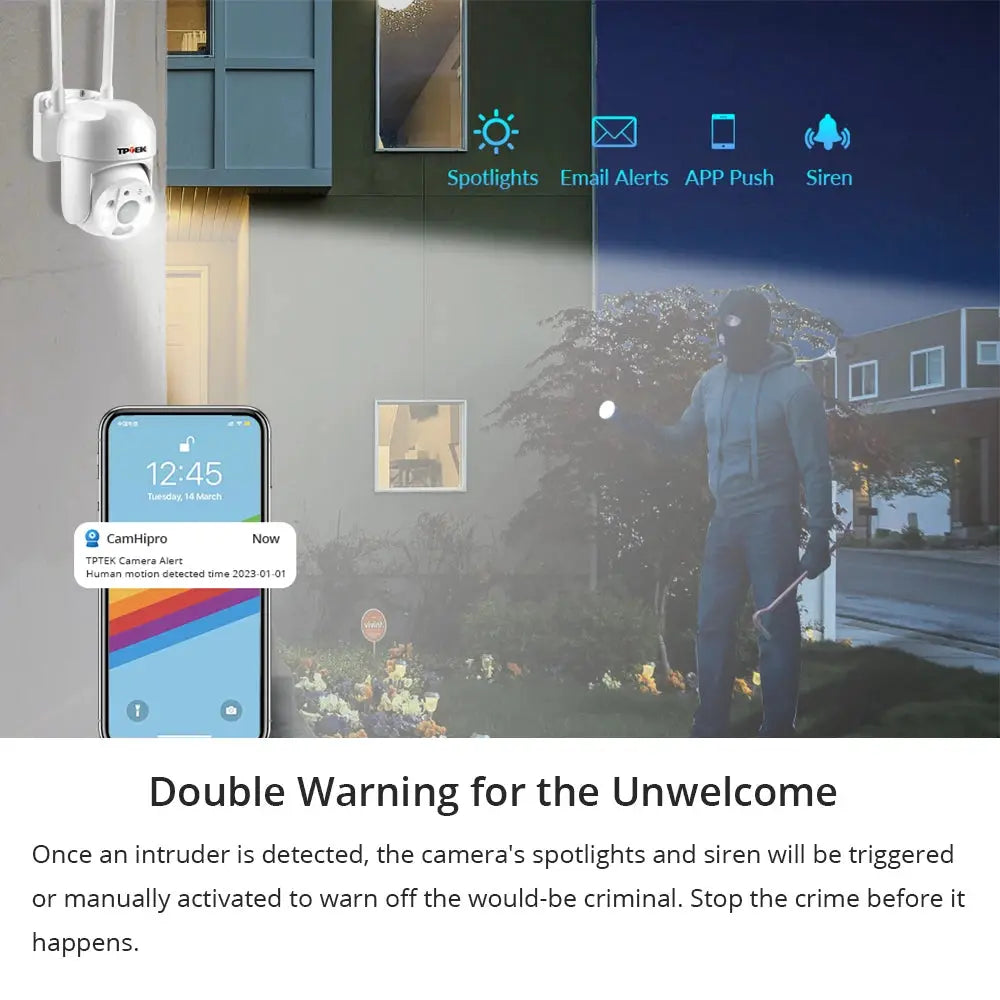4MP PTZ WiFi IP camera outdoor with 4x digital zoom, TP-Link security cam shown with a smartphone