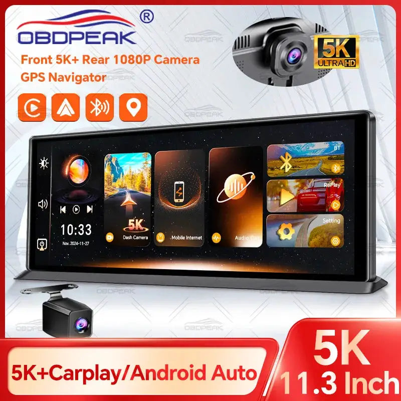 OBDPEAK K8 Pro dash cam with 11.3-inch touchscreen, front 5K + rear 1080P, GPS navigation, CarPlay & Android Auto