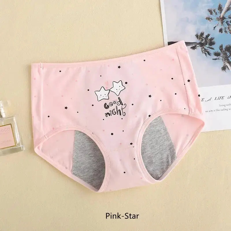 Girls' pink cartoon-print menstrual underwear, breathable cotton leak-proof briefs with star design