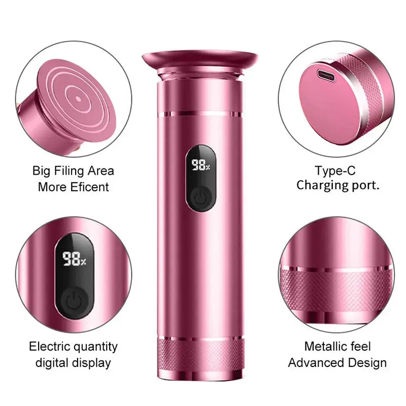 Electric foot grinder by Simples Market in pink aluminum alloy with dual power Type-C/battery for callus removal