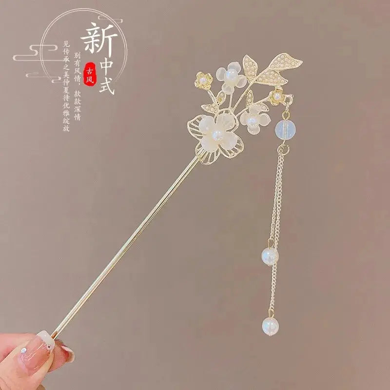 Elegant Chinese Style Romantic Enameled Flower Tassel Hair Clip Alloy Jewelry Hairpin For Women Fashion Accessory