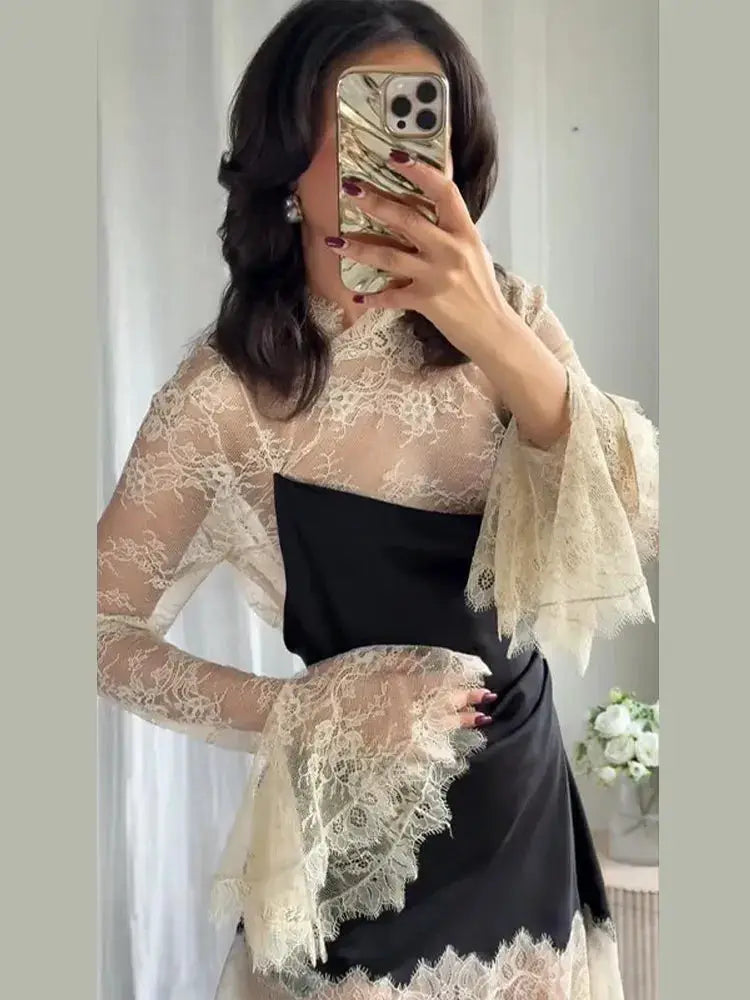 Elegant Satin Dress With Lace Trim For Women High Neck Color Block Y2K