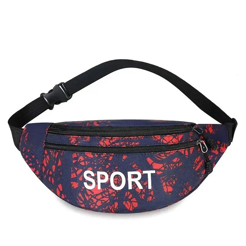 Sports waist pack in navy with red splash pattern, dual zip pockets, and black adjustable strap.