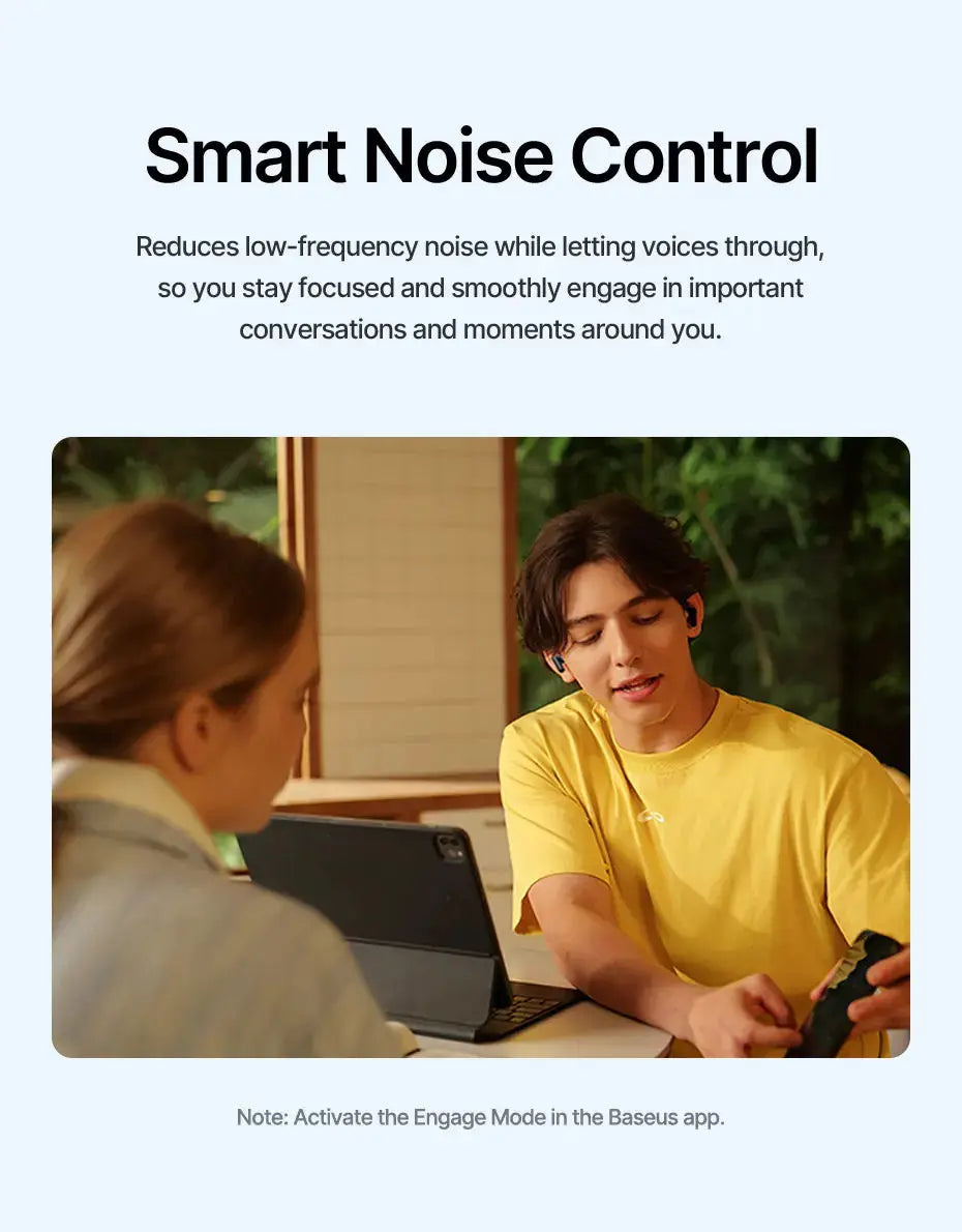 Baseus Bass EP10 Ultra Wireless Earphones, blue Bluetooth earbuds worn by a person in a casual office scene