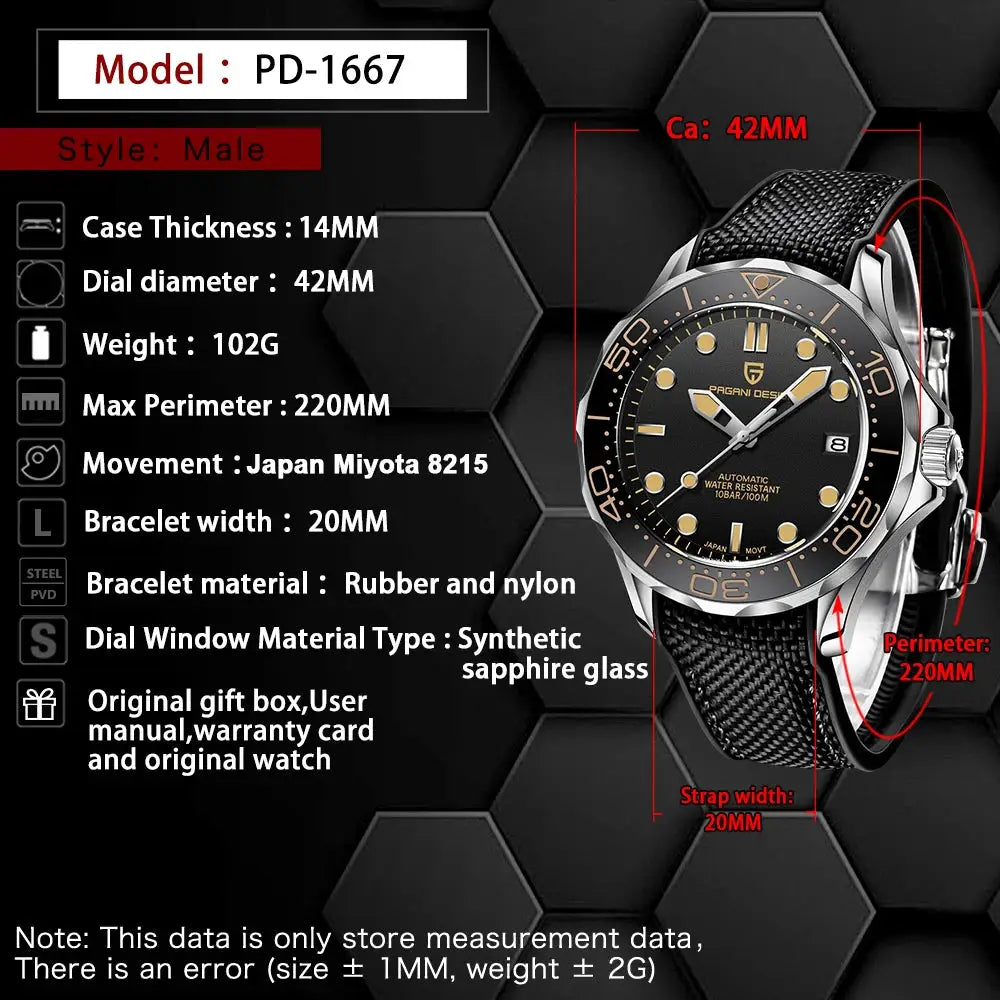 PAGANI DESIGN men's automatic diver watch with black dial, 42mm, sapphire crystal, 100M water resistance, rubber-nylon