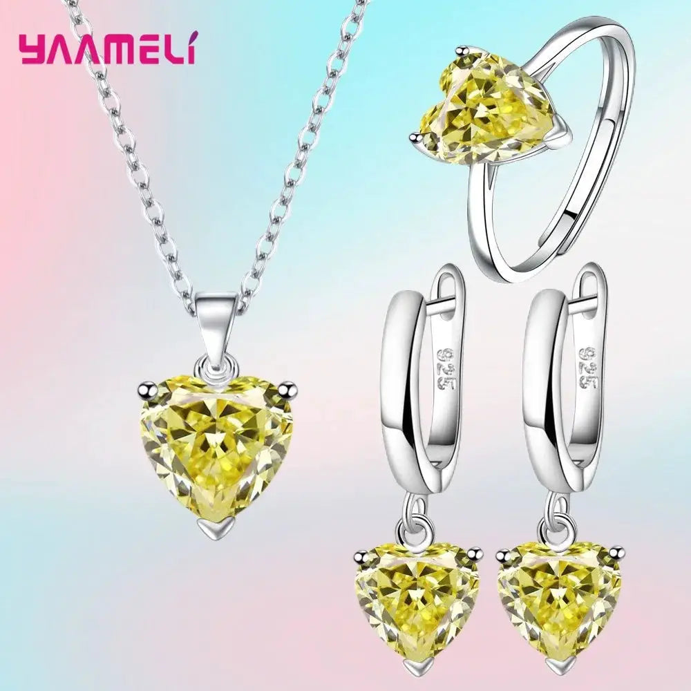 Fine 925 Sterling Silver Jewelry Gift Set For Women Heart Zircon Huggie Earrings Pendant Necklace Ring
