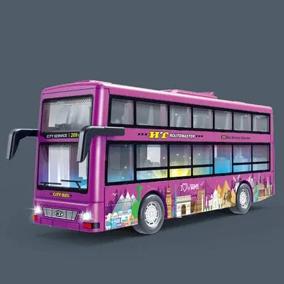 Double Decker Sightseeing Bus Model Die Cast Pull Back Toy Open Doors with Light Music for Boys