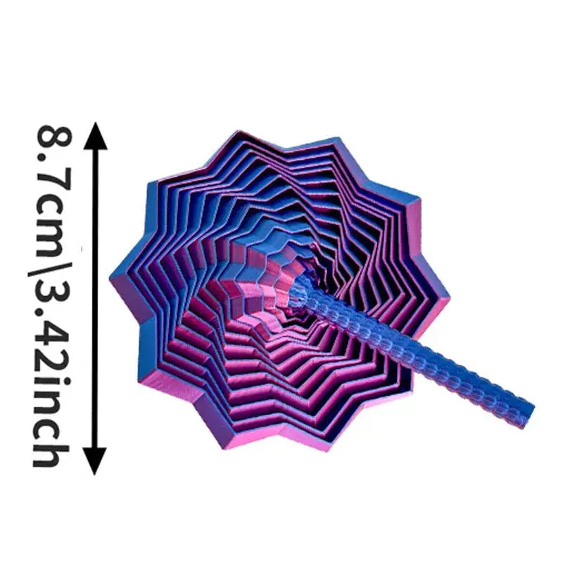 3D printed sensory fidget star model with blue-pink gradient, layered hexagon spiral; 8.7 cm tall