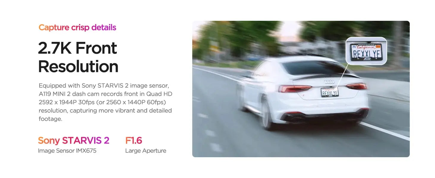 VIOFO A119MINI-2 dash cam by Simples Market, 2.7K front resolution with Sony STARVIS 2 IMX675 sensor, car driving on road.