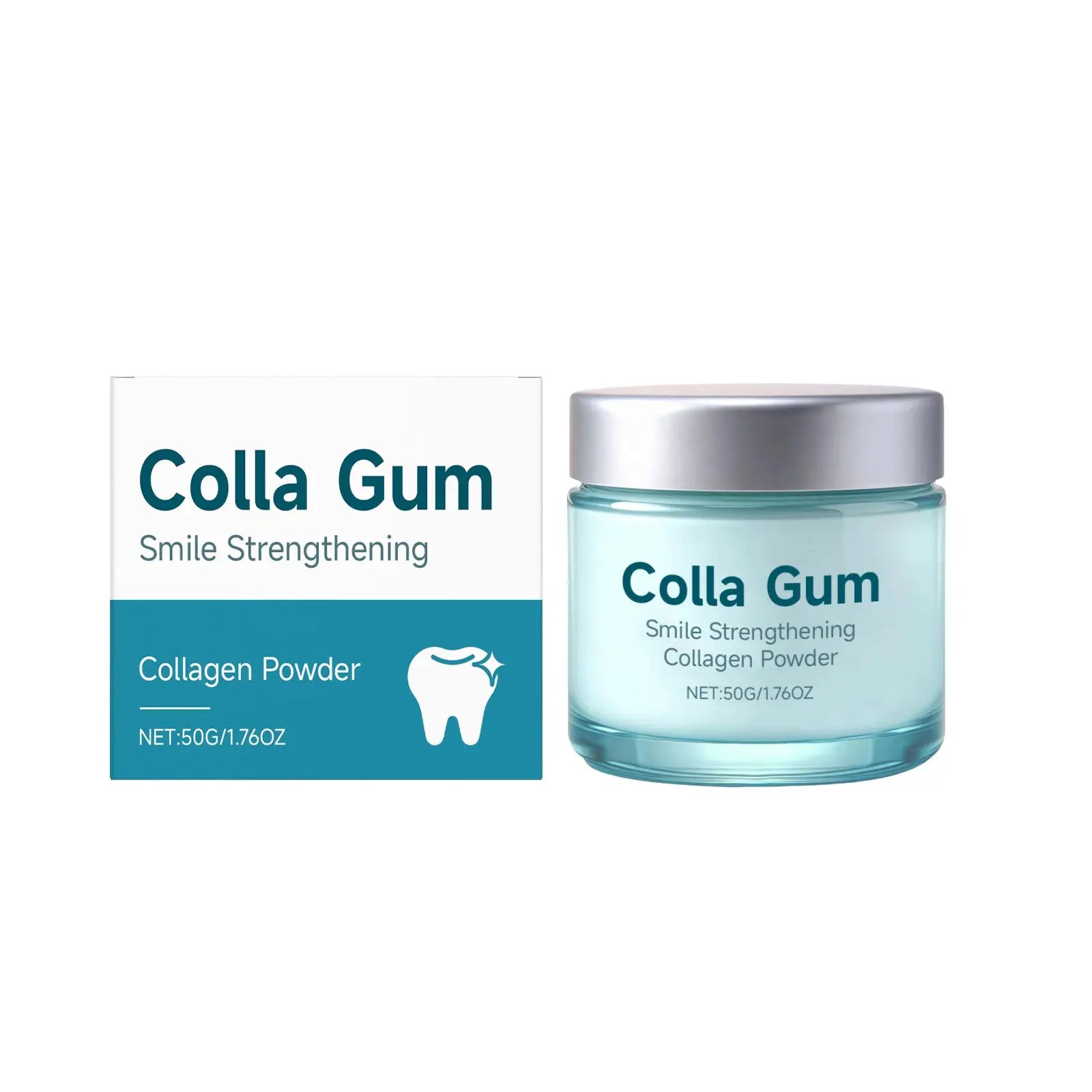 Colla Gum collagen tooth powder box and jar, teal packaging, Simples Market brand