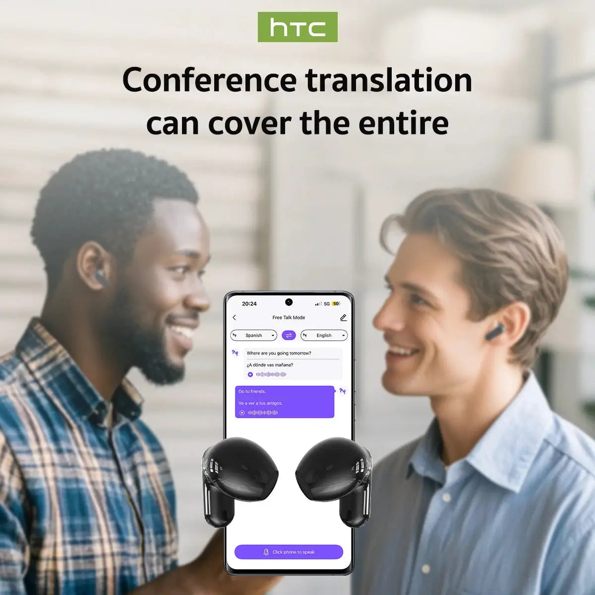 HTC NE20 wireless translator earphones in black with Bluetooth 6.0, IPX4 waterproof, long battery life