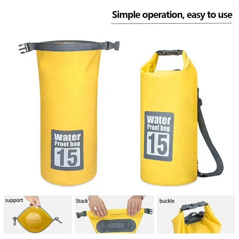 Two yellow PVC waterproof dry bags with shoulder straps for outdoor activities