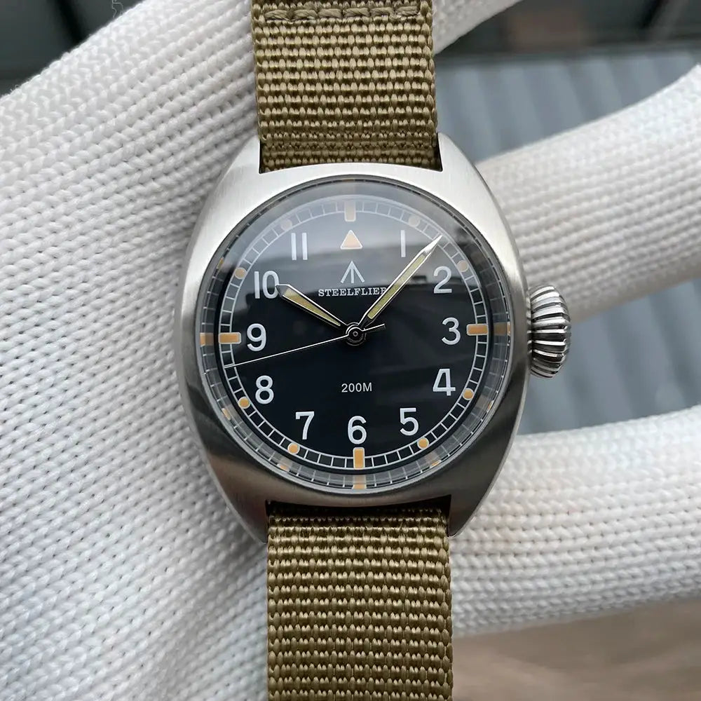 STEELFLIER SF745 wristwatch with black dial, stainless steel case, olive nylon strap, 200M water resistant