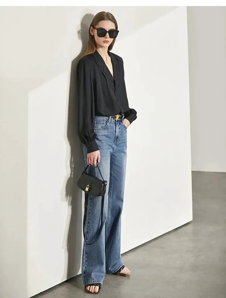 Amii Minimalism Vintage Denim Jeans Women Loose Wide Leg Autumn Pants