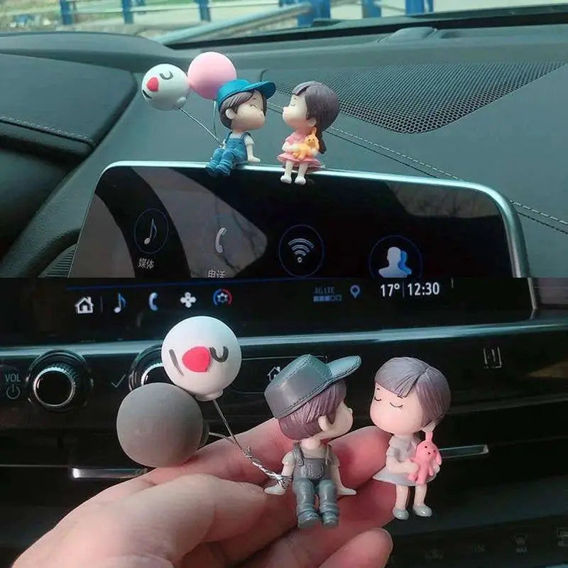 Car dashboard figurine set: two colorful cartoon couples with balloons for car decor