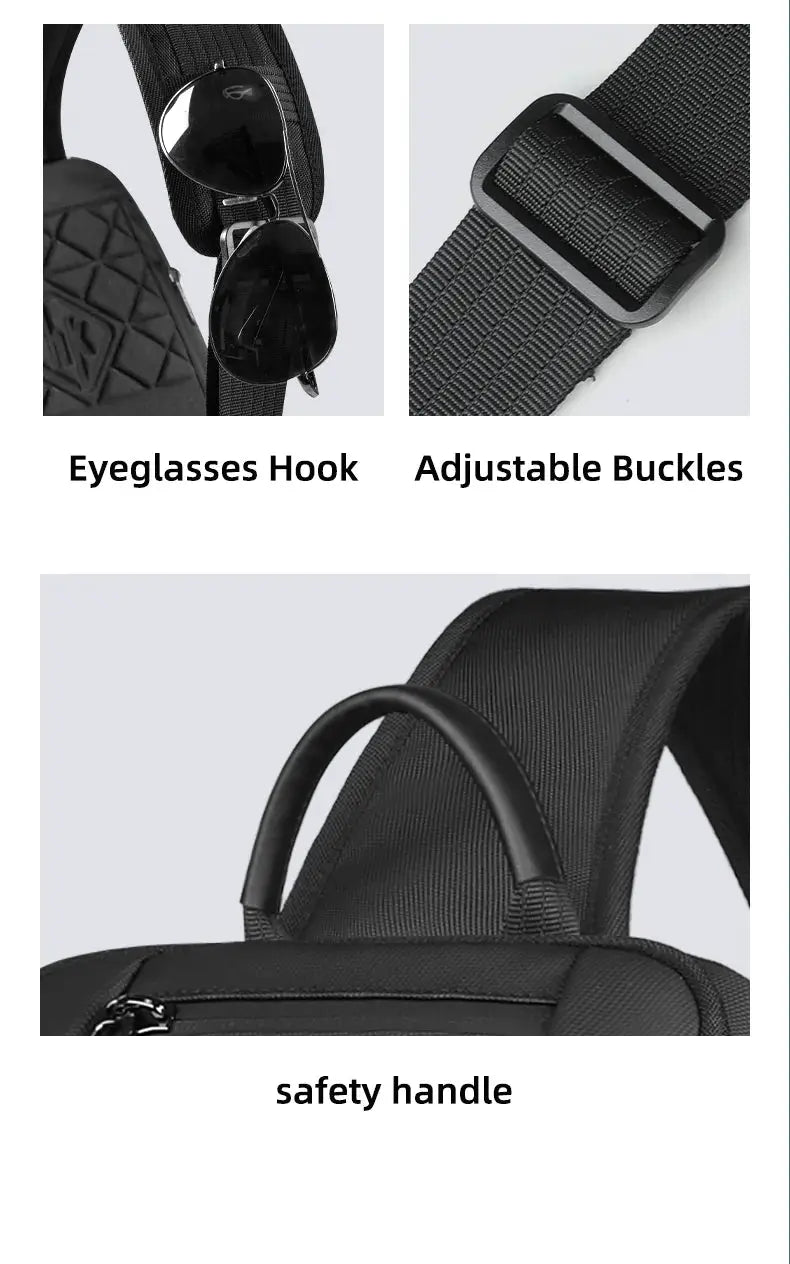 Simples Market HK anti-theft men's shoulder bag, black waterproof crossbody with eyeglasses hook and safety handle