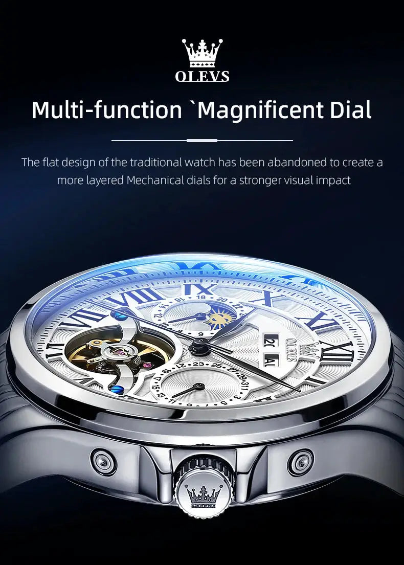 OLEVS 7013 men's mechanical watch with moon phase, skeleton dial, Roman numerals, silver-tone stainless steel case