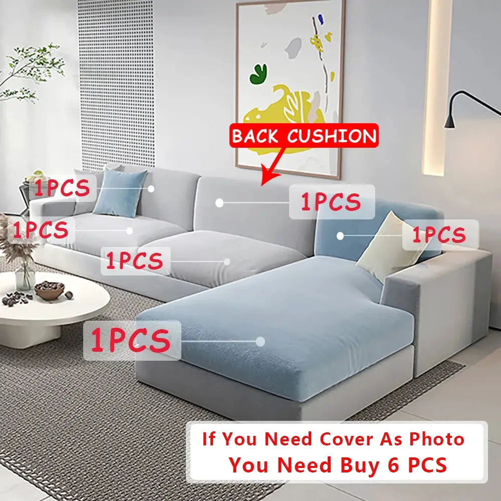 Simples Market velvet sofa cushion cover set, 6 pcs, light blue, for L-shaped sectional couch