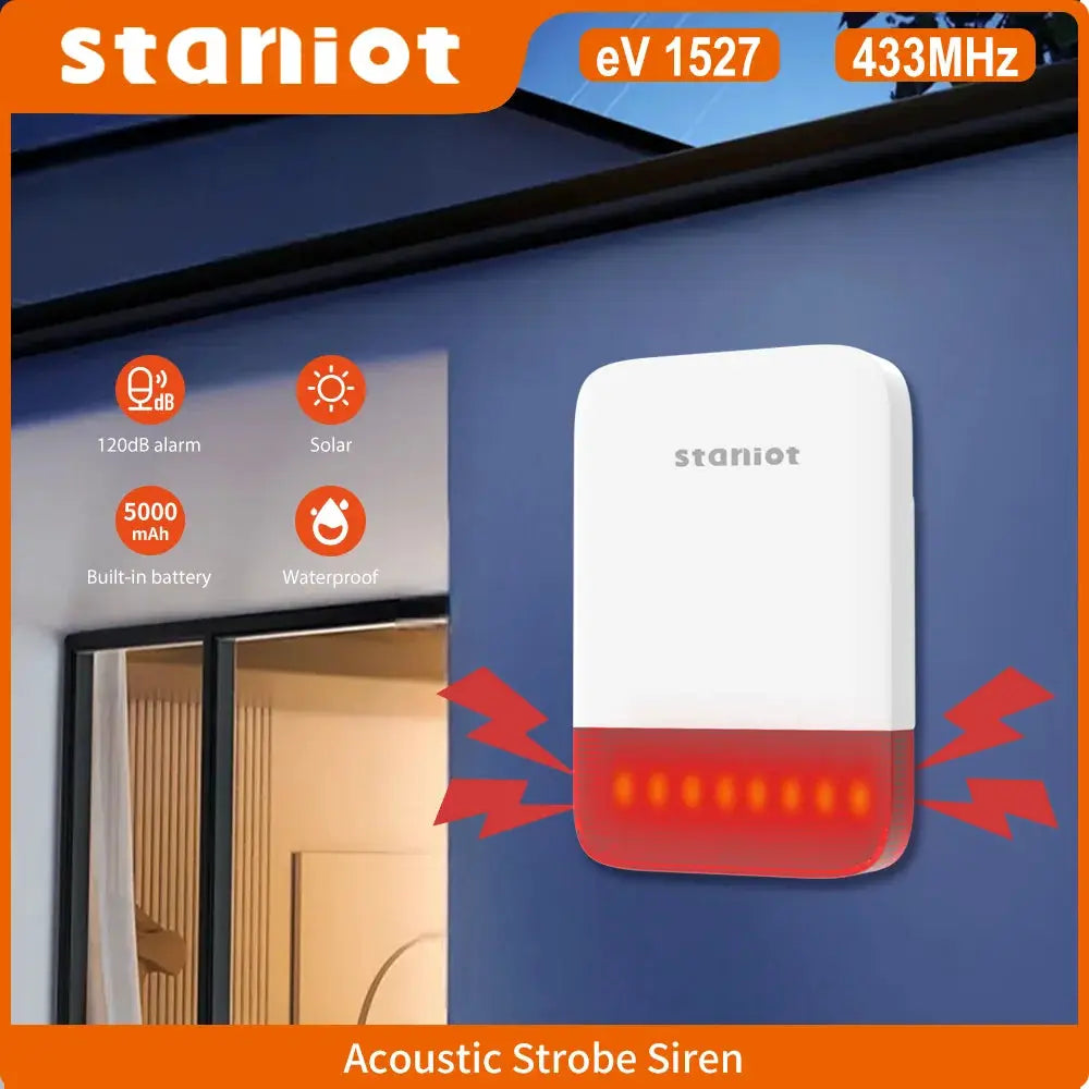 Staniot wireless strobe siren in white with red LED, 120dB alarm; solar charging, 5000mAh battery, waterproof.