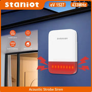 Staniot wireless strobe siren in white with red LED, 120dB alarm; solar charging, 5000mAh battery, waterproof.
