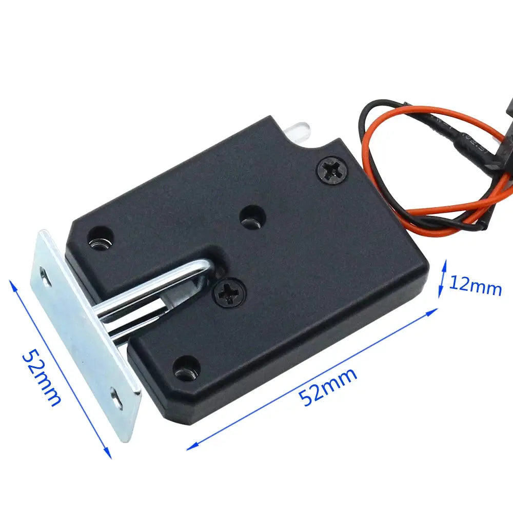 Small electric cabinet lock with black plastic body, metal latch, mounting plate, and red/black wires; 52mm long.