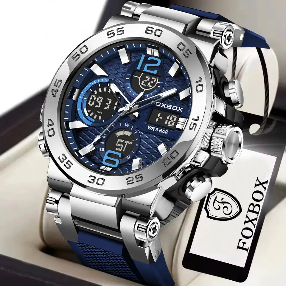 FOXBOX sport men's analog-digital chronograph watch with blue dial, stainless steel case and blue strap