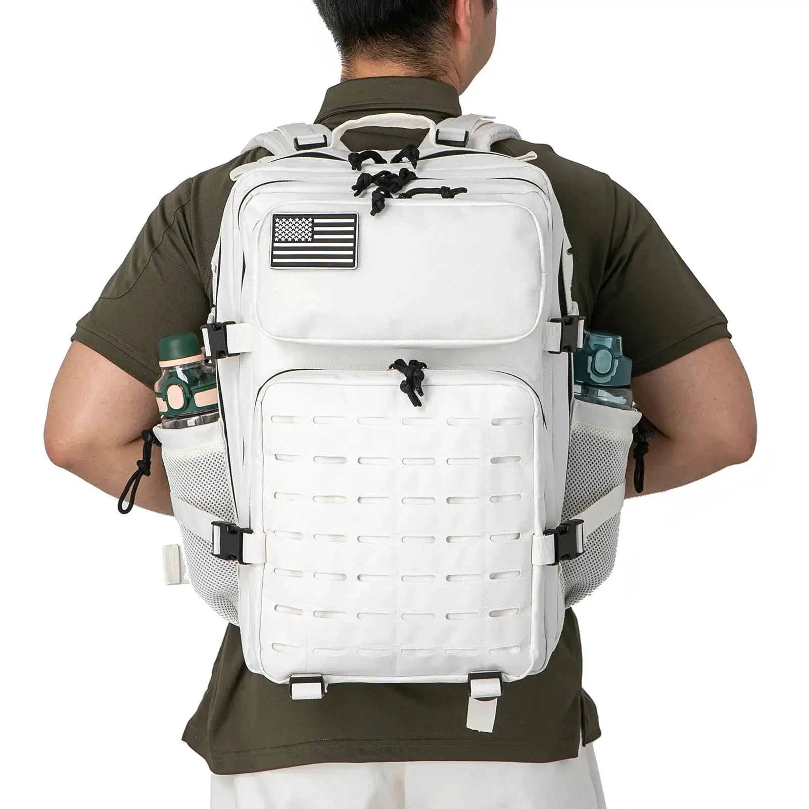Tactical backpack in white with side water bottle pockets, 25L/45L capacity