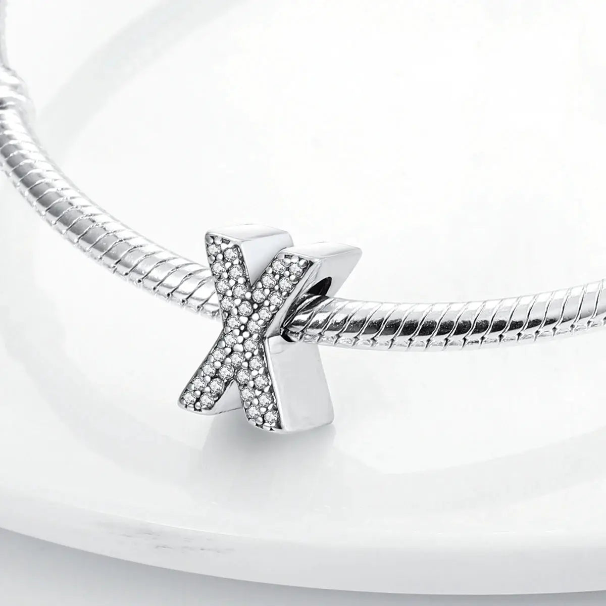 Charmhub Fit bangle bracelet with X alphabet charm in 925 sterling silver CZ stones