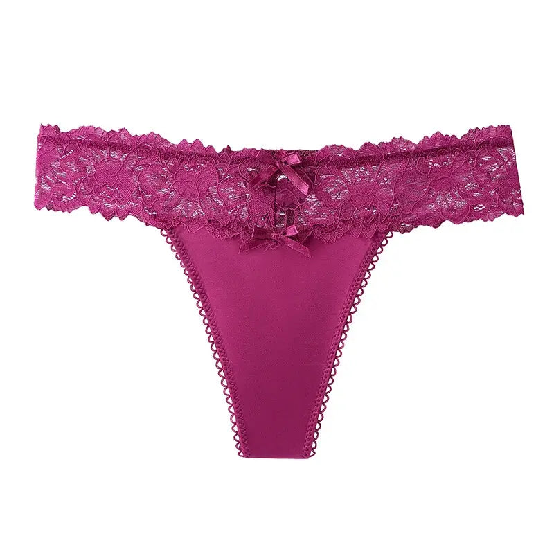Thong underwear by Simples Market, BANNIROU magenta lace thong with satin front panel and bow accents